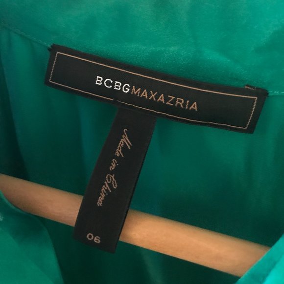 BCBG MaxAzria Green Silk shirt/Grey Skirt DRESS - Picture 5 of 6